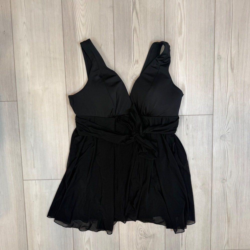 Cacique Swimdress Black One Piece Swimsuit Tie Waist V-Neck Size 14